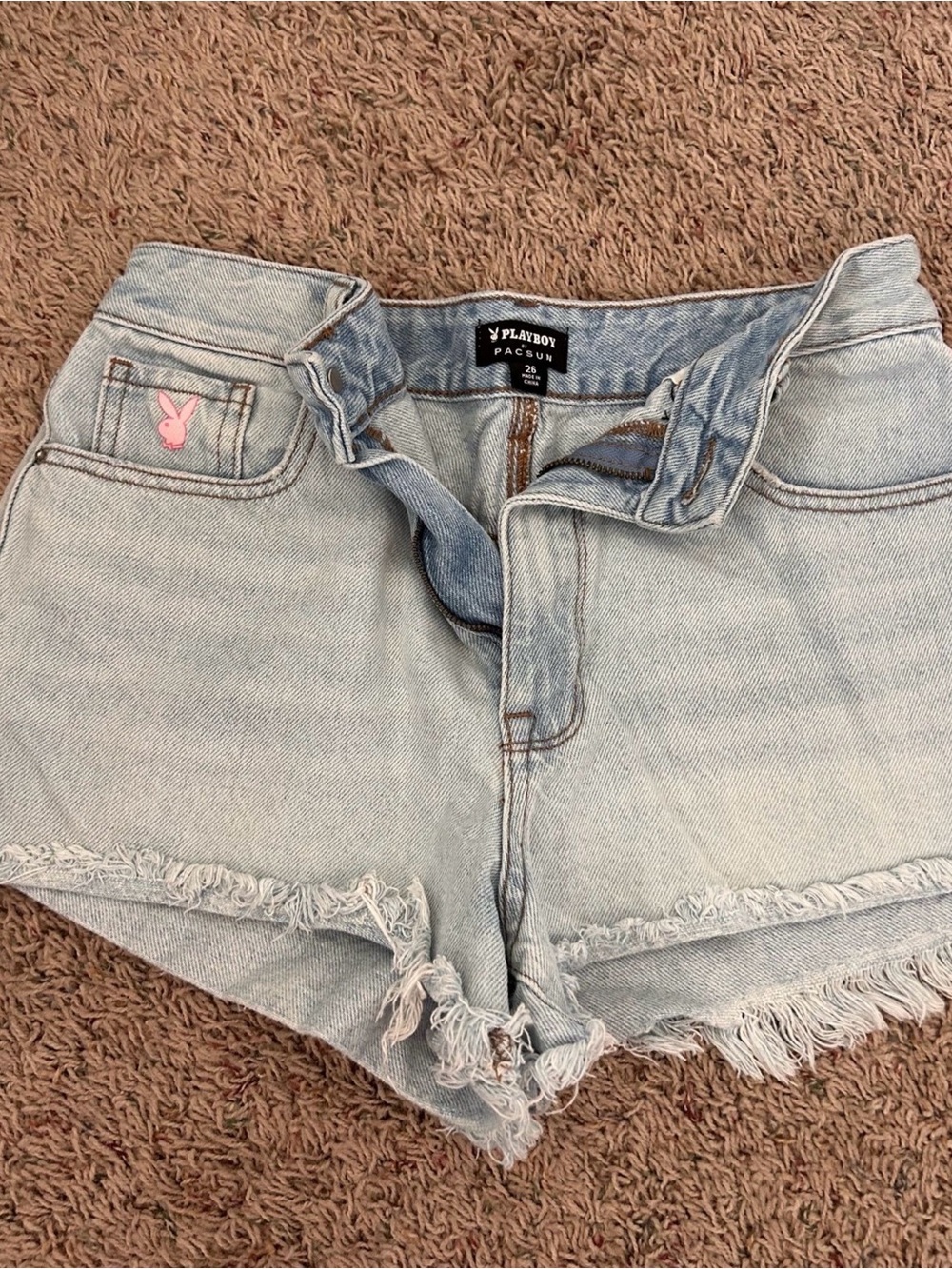 PLAYBOY Light Blue Denim Frayed Hem Shorts with Pink Bunny